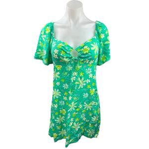 Primark Green Yellow Keyhole Floral Puff Sleeve Tropical Shift Mini Dress Size 8